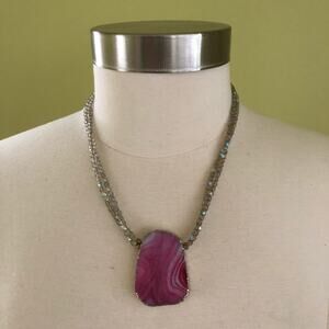 Chunky Pink Agate Pendant Glass Beaded Necklace Boho Festival Anthropologie